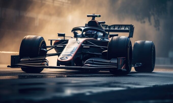 Formula 1 car on track with dramatic spray behind it