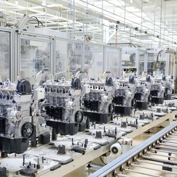 Row of engines being manufactured on a production line