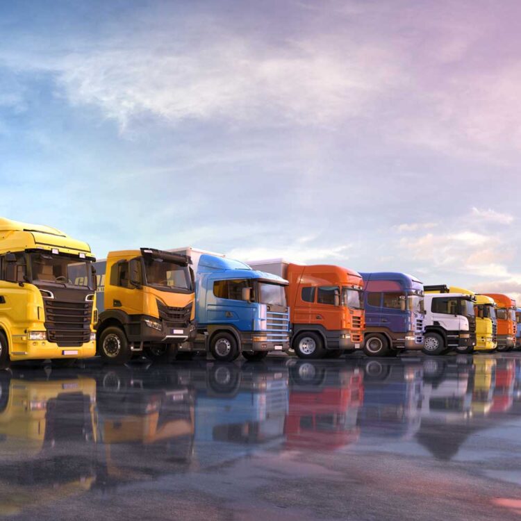 Seven European lorries of various colours parked in a row.