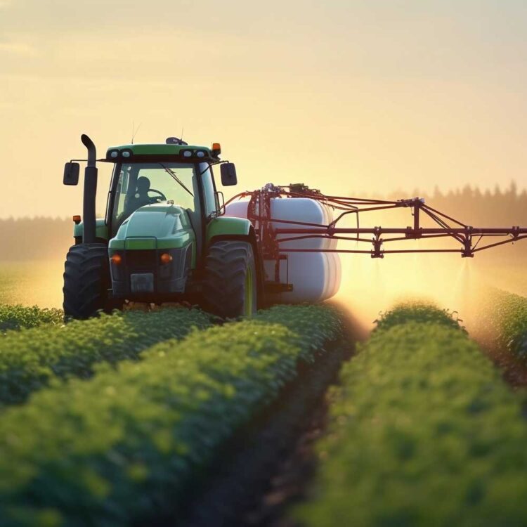 Tractor spraying crops